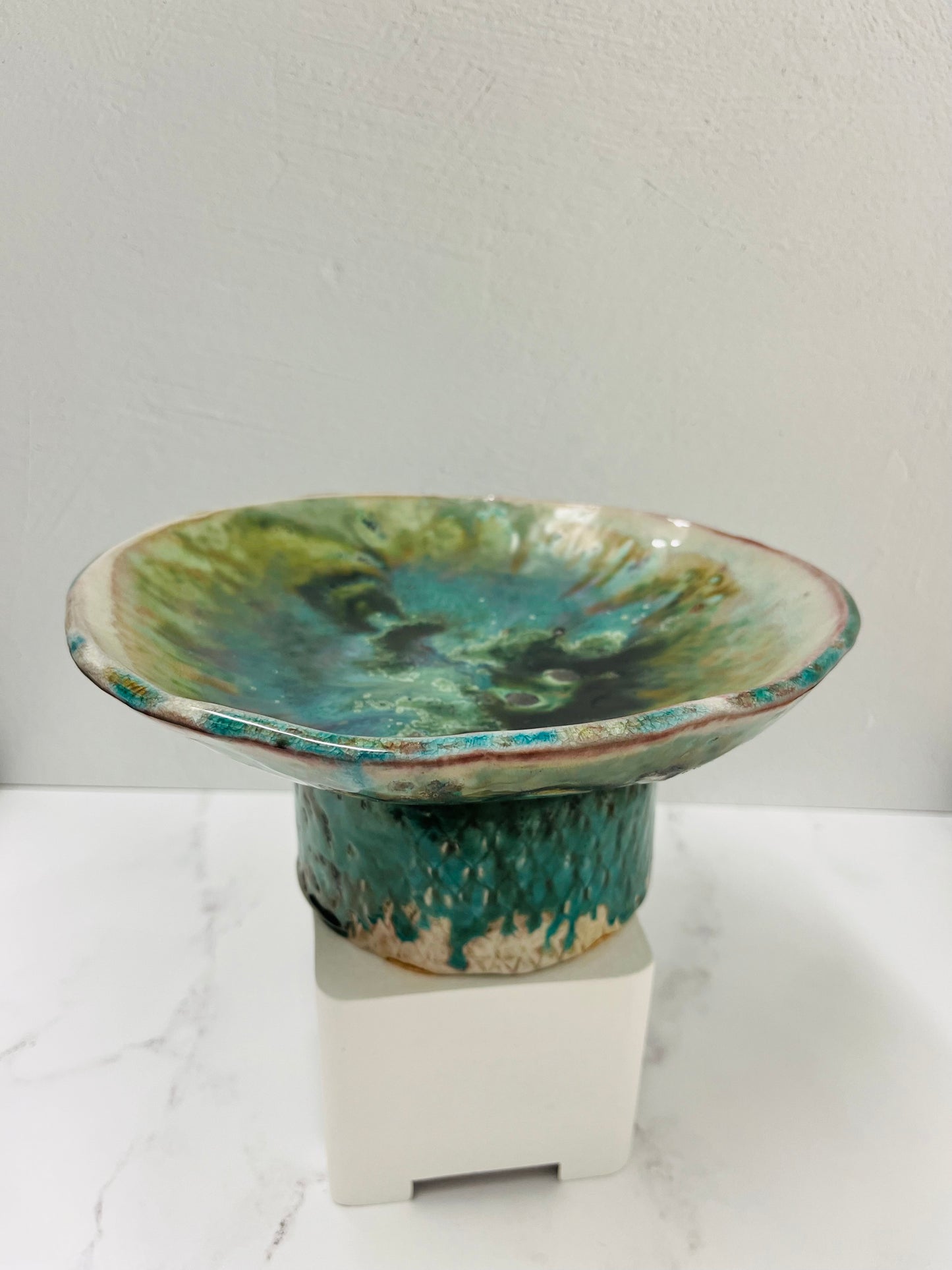 Soda Fired, Porcelain Green Pedestal Bowl-Large