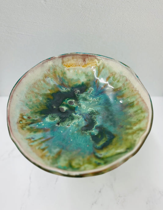 Soda Fired, Porcelain Green Pedestal Bowl-Large