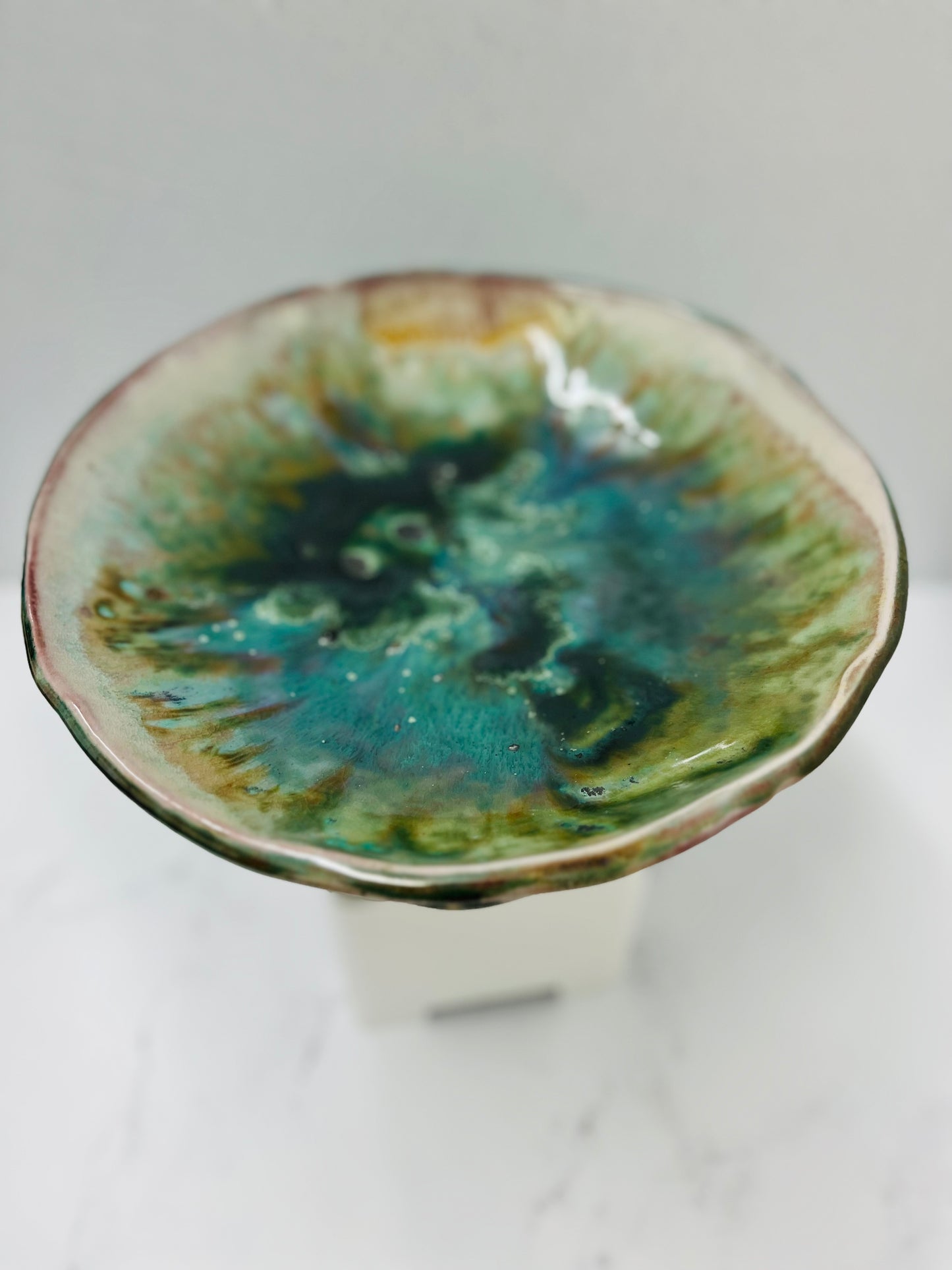 Soda Fired, Porcelain Green Pedestal Bowl-Large