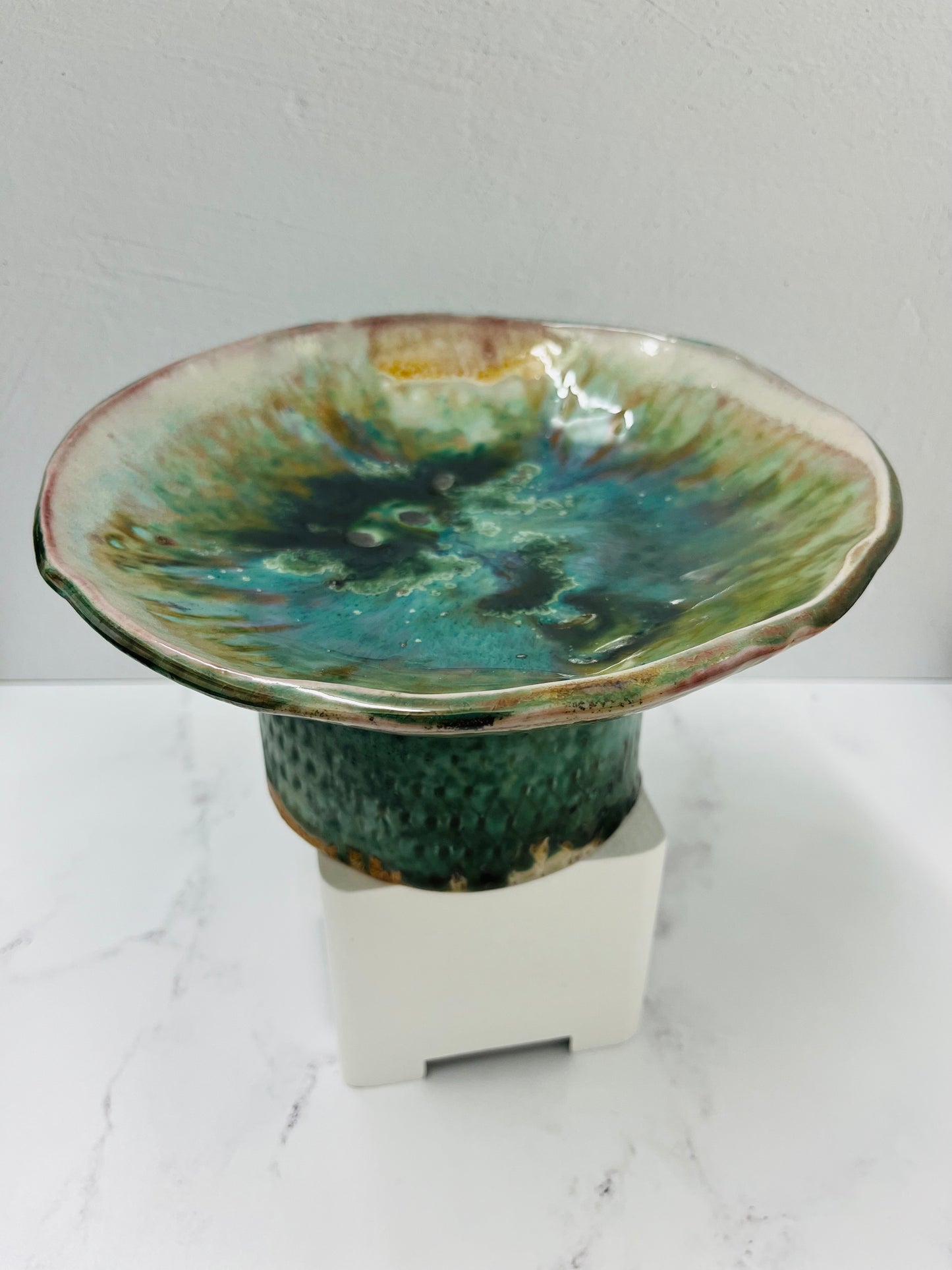 Soda Fired, Porcelain Green Pedestal Bowl-Large