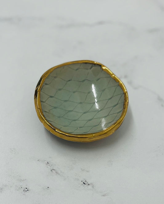 Soda Fired, Green/Gold Luster, Porcelain Ring Dish