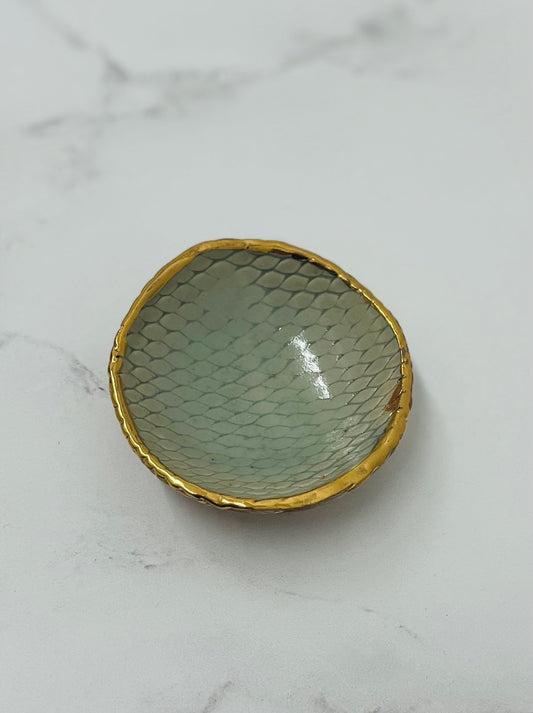 Soda Fired, Green/Gold Luster, Porcelain Ring Dish