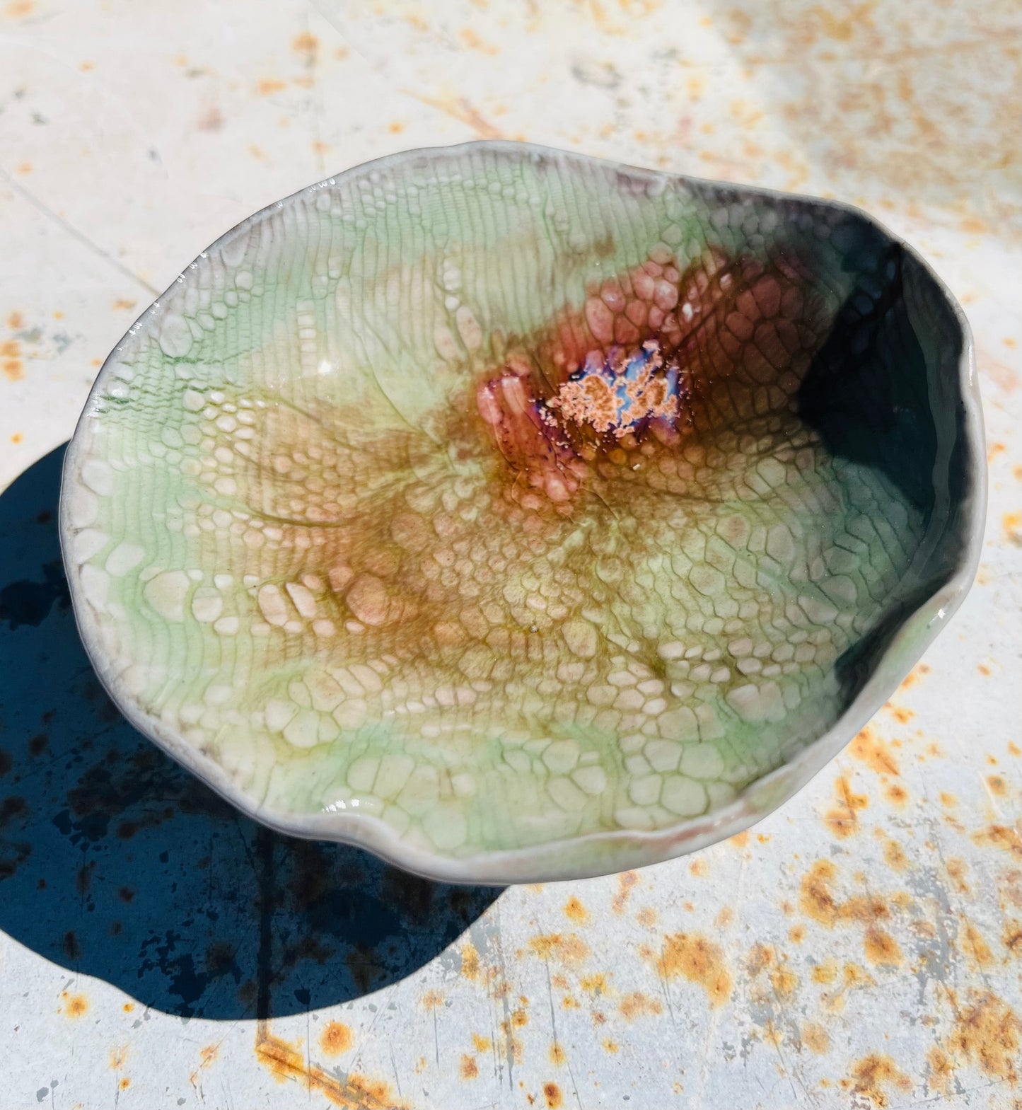 Soda Fired, Green Porcelain "Lily" Pedestal Dish-Small