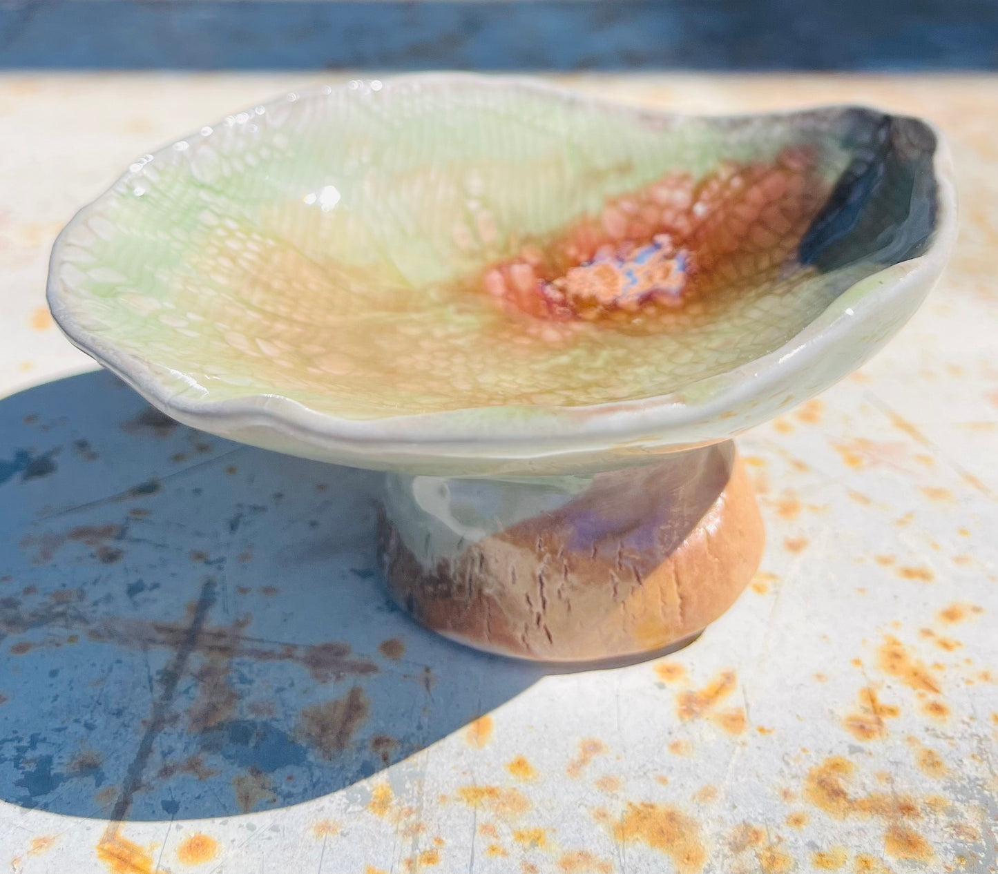 Soda Fired, Green Porcelain "Lily" Pedestal Dish-Small